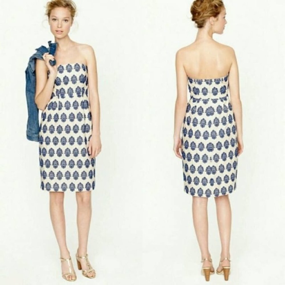 J. Crew Ivory and Blue Filigree Embroidered Strapless Mini Dress, 00